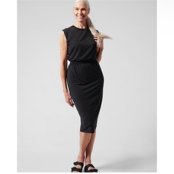 Athleta Santorini Cinch Dress Solid Black‎ Sleeveless Midi Size Small Petite - Picture 2 of 16